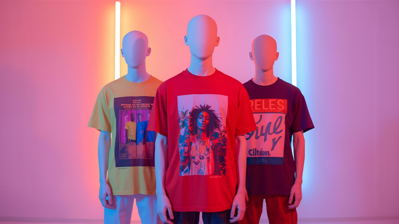 Three mannequins wearing graphic t-shirts with colorful designs against a gradient background.