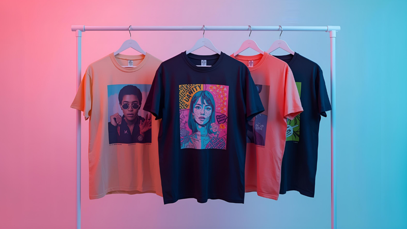 T-shirts with graphic designs on a rack against a gradient background